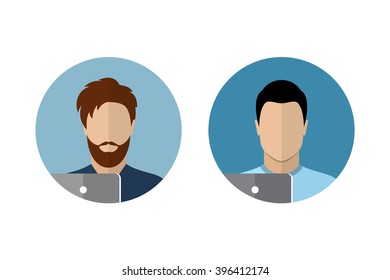 Set of programmer icon isolated on a white background. Designer icon. Young man with a laptop. Flat style vector illustration