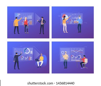 Set of programmers elaborating app for virtual reality goggles. Crowd of men and women in VR headsets viewing statistical data on projection screen. Vector illustration for finance, information, promo
