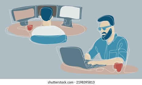 A set with programmers or office workers. Graphic linear style. Colored spots and a white outline. Suitable for printing advertisements, banners, leaflets, postcards, business cards.