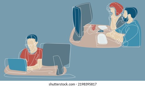 A set with programmers or office workers. Graphic linear style. Colored spots and a white outline. Suitable for printing advertisements, banners, leaflets, postcards, business cards.