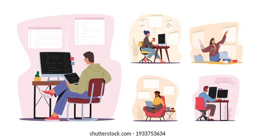 Set Programmers Working Concept. Designer Characters Working on Computer Coding, Programming Website Creating Software or Application for Pc, Wireframe Web Development. Cartoon Vector Illustration