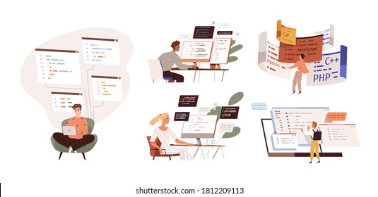 Set of programmers working on web development on computers. Concept of script coding and programming in php, python, javascript, other languages. Software developers. Flat vector cartoon illustration.
