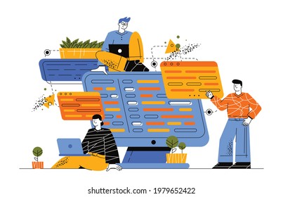 A set of programmers working on web development on computers. A man with a laptop sits on a huge monitor. Software development professionals, the business model in IT concept. 