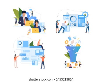 Set of programmers working on website. Male and female cartoon characters creating web page of company. Vector illustration for presentation, commercial, application