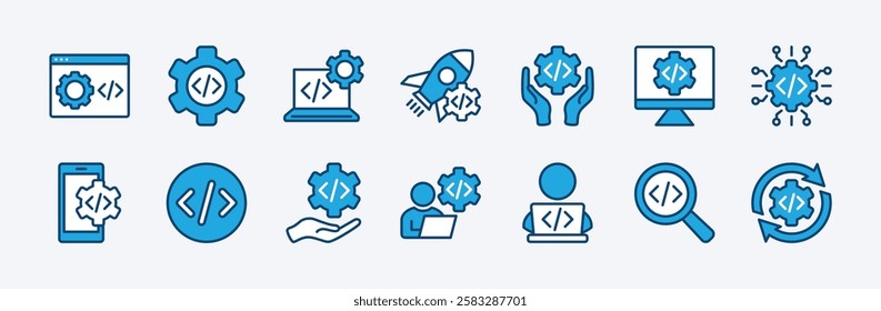 Set of programming coding icon. Contains Software development, web page, computer program, programmer, developer, app, developer, information technology, testing, process, startup. Vector illustration