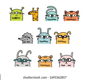 Set programming coding wild domestic animals in cartoon comic style vibrant colors print poster card banner profession