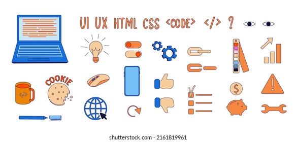 Set of programming elements and icons. Modern vector illustration of computer and developing software.	