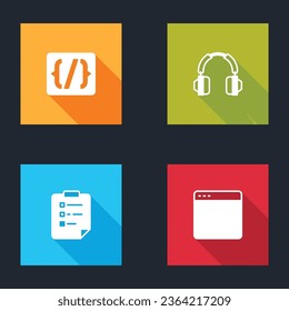 Set Programming language syntax, Headphones, Clipboard with checklist and Browser window icon. Vector