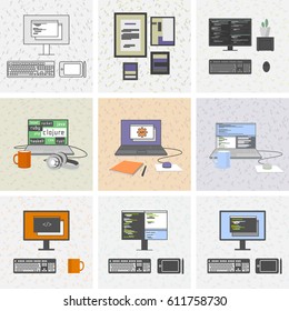 Set of programming laptops and computers with keyboards and designer tablets. Plus diploma and pictures, cactus, mug, headphones, mouse.