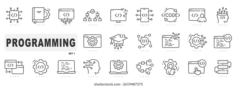 Conjunto de iconos de línea relacionados con la programación. Codificación, desarrollo, script, algoritmo, etc. Trazo editable
