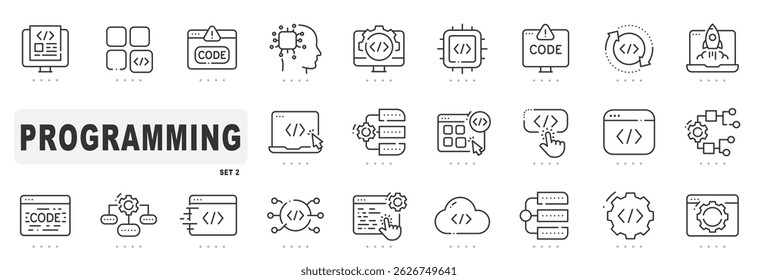 Conjunto de iconos de línea relacionados con la programación. Codificación, desarrollo, script, algoritmo, etc. Trazo editable. Conjunto 2