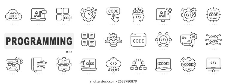 Set of programming related line icons. Coding, development, script, algorithm etc. Editable stroke. Set 3