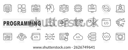 Set of programming related line icons. Coding, development, script, algorithm etc. Editable stroke. Set 2