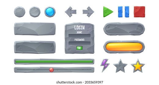 Set progress bars and game buttons ui or gui design elements. Cartoon interface of stone texture. Menu boards, user setting panel with slider, stop, pause and arrows, flash or star keys, Vector icons