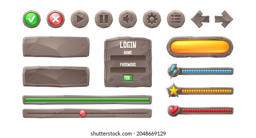 Set progress bars, game buttons, menu ui or gui elements. Cartoon interface of stone texture. User setting panel, slider, pause and arrows, power or life scale, login and password board, Vector icons