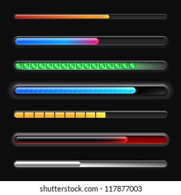 Set of progress bars on black background. Vector loading bars