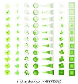 Set of progress bars with percentages. Loader and preload circle, square, floral ui indicator. Load design and progress bar elements for web, apps and infographics