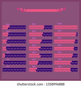 Set of progress bars with percentages on scale with triangles .Flat creative modern futuristic progress loading bar and buffering percentage infographic design elements for web and print  