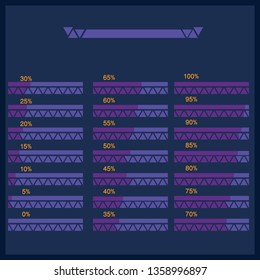 Set of progress bars with percentages on scale with triangles .Flat creative modern futuristic progress loading bar and buffering percentage infographic design elements for web and print  