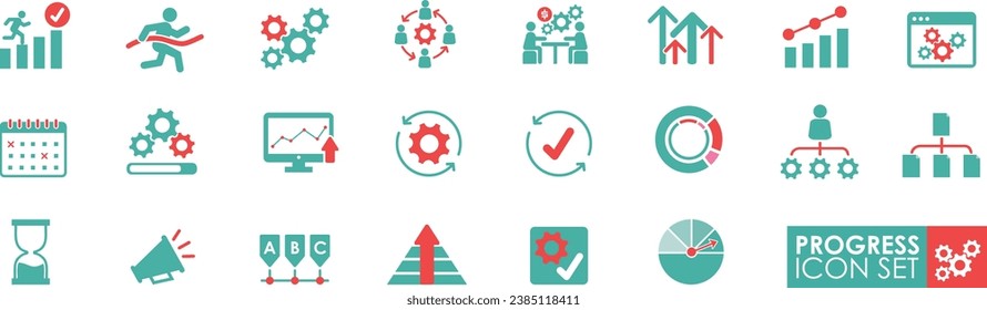Set of Progress icons. It contains performance, gain, improvement, growth, Graphs, chart, increase, evolution, and development icons. Solid icon collection. Vector illustration. 
