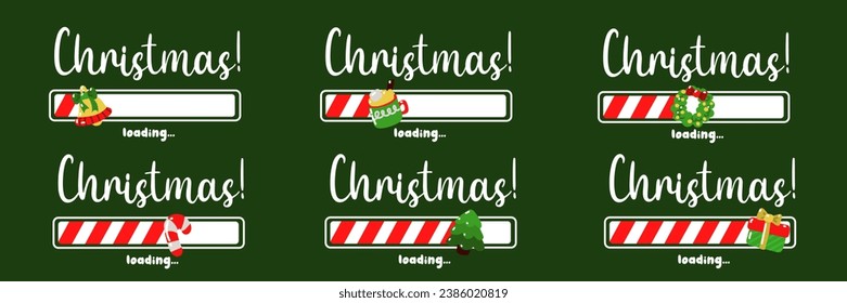 Set of progress indicators with the inscription Christmas loading in a schematic children's style. Vector Christmas illustration for the design of a poster or greeting card Christmas elements horizont