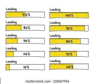Set of progress loading bars from 0 to 100 percent complete, hand drawn yellow black marker elements for prototype