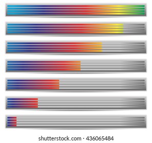 Set of progress, loading bars, preloaders in sequence from low to high. Meter, indicator elements for Measurement, indication concepts.
