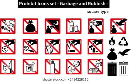 A set of "prohibit", "caution" and "warning" icons related to trash. It is a square icon.