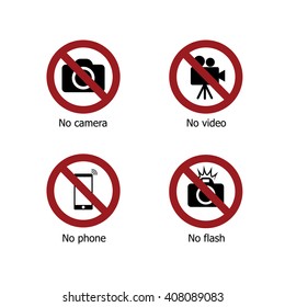 Set of prohibit electronic device sign icons. No camera, no video, no phone and no flash