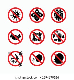 set of prohibit virus icon, coronavirus safety measures and precautions, how to protect yourself and others