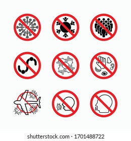 set of prohibit virus icon, coronavirus safety measures and precautions, how to protect yourself and others