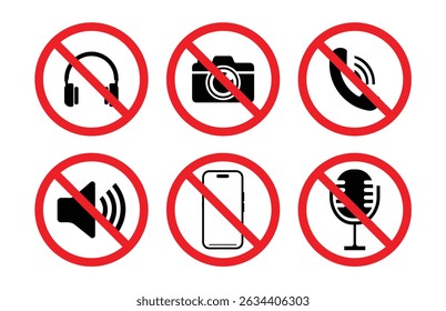 Conjunto de signos de acciones prohibidas Colección de paquete. Teléfonos, cámaras, llamadas, hablar, todas son palabras prohibidas. Conjunto de iconos de círculo de signo rojo no permitido. ilustración EPS 10	
