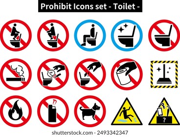 Set of "Prohibited", "Caution" and "Warning" icons related to the toilet.A set of prohibition marks for content that is prohibited in the toilet or has a warning.