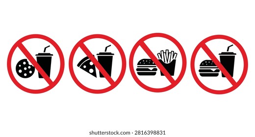 Set of prohibited fast food signs showing crossed out cookie pizza burger and drink representing no eating zone, unhealthy food warning, flat vector illustration isolated on white background