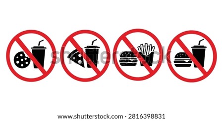 Set of prohibited fast food signs showing crossed out cookie pizza burger and drink representing no eating zone, unhealthy food warning, flat vector illustration isolated on white background