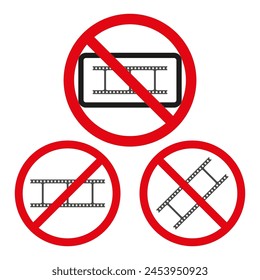 Set of prohibited film and video recording signs. No camera and no video allowed symbols. Restricted media and photography icons. Vector illustration. EPS 10.