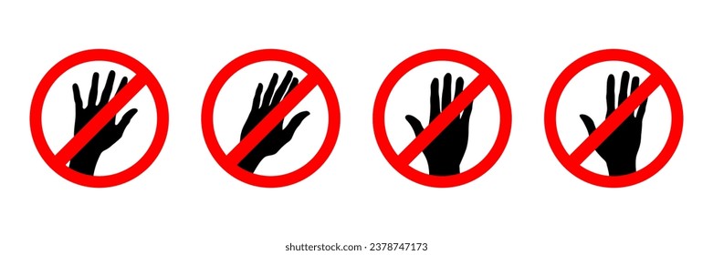 Legen Sie verbotene Handzeichen, kein Eintrag, nicht berühren, nicht drücken, verboten, Symbol einzeln. Vektorgrafik