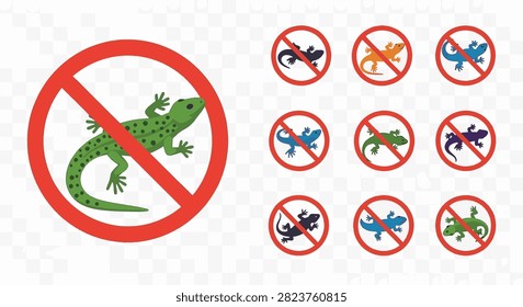 Set of prohibited lizard icons featuring various colored reptile silhouettes inside red prohibition signs on a transparent background, including geckos and salamanders.