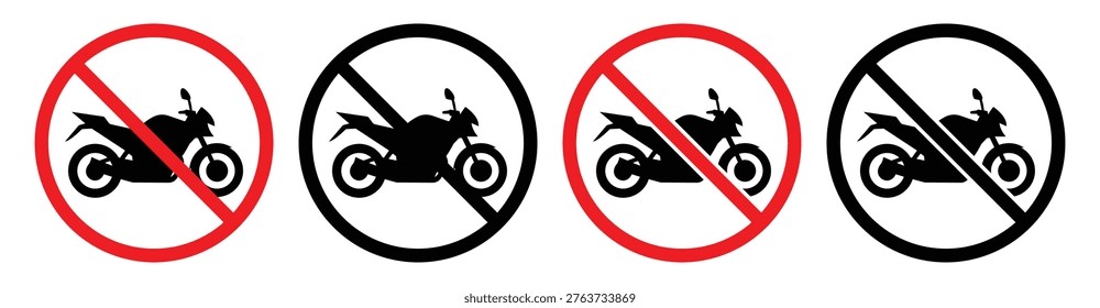 Set of prohibited motorcycle signs for various applications. Denotes vehicle restriction or no motorbikes allowed.