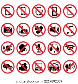 Set von Verbotenem Kein Stoppschild. Symbol für Foto-, Video- und Telefonverbotszeichen, Set usw. einzeln auf weißem Hintergrund