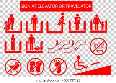 Set of Prohibited Sign at Escalator or Travelator at Transparent Effect Background 
