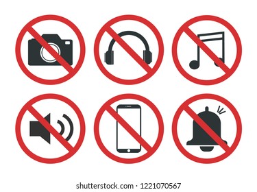Set of prohibited signs. Do not take pictures. You can not headphones. You can not listen to music. Sound off Phone off. The call on the phone off.