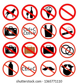 Set of prohibited signs on white background . Symbol, illustration