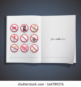 Set of prohibited signs printed on book. Vector design 