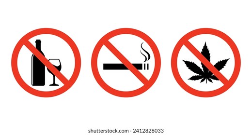 Set of prohibited signs symbol. No alcohol, No smoking, No drugs, vector icon illustration.