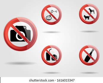 Set of prohibited vector sign. Illustration may use in camping areas, restaurant, parks or near houses. Warning, not allowed notifications