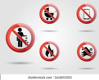 Set of prohibited vector sign. Illustration may use in camping areas, restaurant, parks or near houses. Warning, not allowed notifications