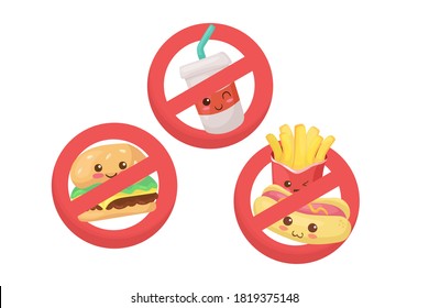 Set Of Prohibited Vector Signs - No Junk Food. Supermarket Symbols Illustration. No Hot Dog, Burger Or Drink Isolated On White Background. Concept For Controlling Sugar & Unhealthy Food Consumption.