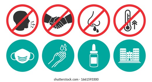 Set of prohibiting icons. No cough, no handshake, no runny nose, no fever. Set of medical mask, hand washing, nose spray, hospital