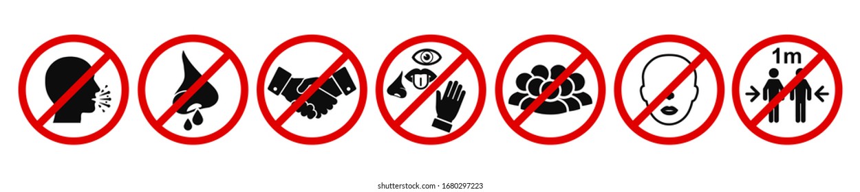 Set of prohibiting icons: no cough, runny nose, handshake, touch the eyes, nose, mouth, crowd, without a mask, less than 1 meter.